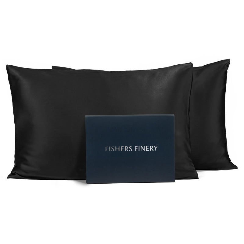 Fishers Finery غطاء وسادة من حرير التوت 100% بحجم 25 مم (أسود كينغ 2 عبوة) - Image 1